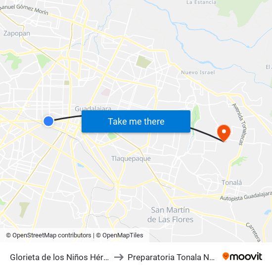 Glorieta de los Niños Héroes to Preparatoria Tonala Norte map