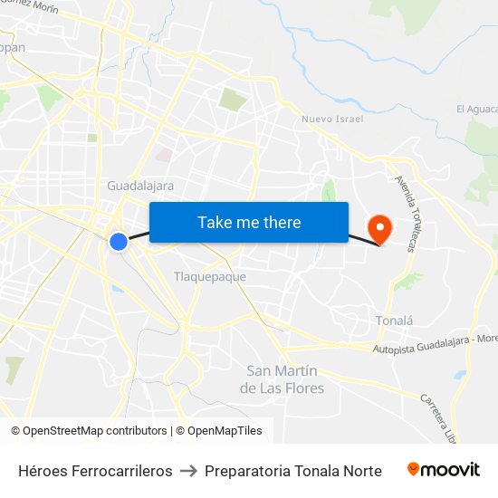 Héroes Ferrocarrileros to Preparatoria Tonala Norte map