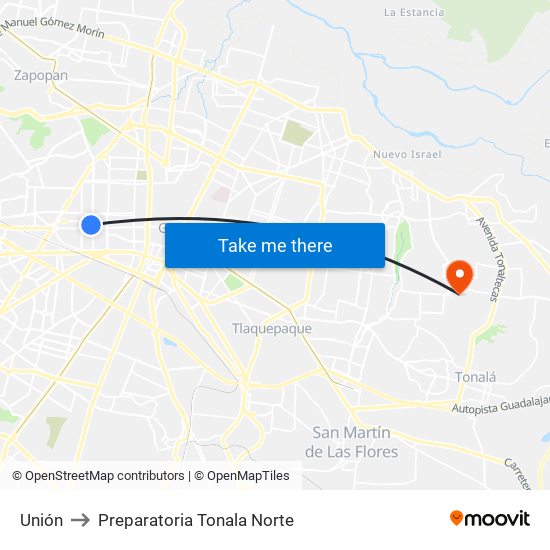 Unión to Preparatoria Tonala Norte map