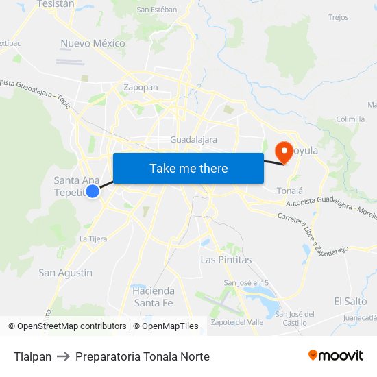 Tlalpan to Preparatoria Tonala Norte map