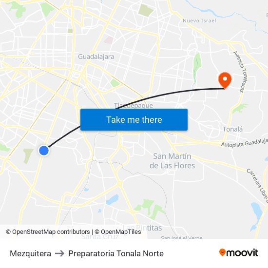 Mezquitera to Preparatoria Tonala Norte map