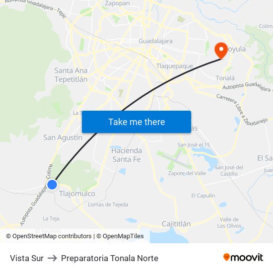 Vista Sur to Preparatoria Tonala Norte map