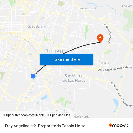 Fray Angélico to Preparatoria Tonala Norte map