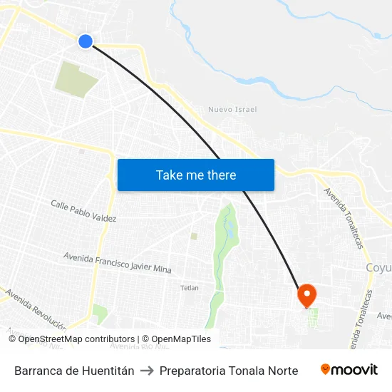 Barranca de Huentitán to Preparatoria Tonala Norte map