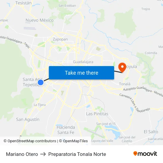 Mariano Otero to Preparatoria Tonala Norte map