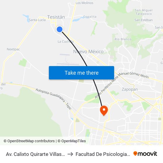 Av. Calixto Quirarte Villaseñor to Facultad De Psicologia Uag map