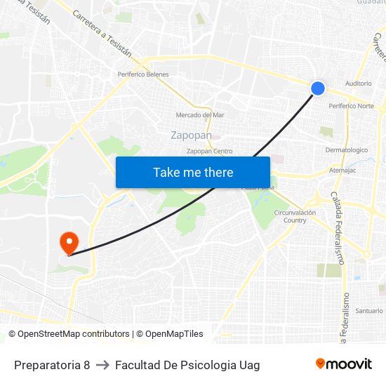 Preparatoria 8 to Facultad De Psicologia Uag map
