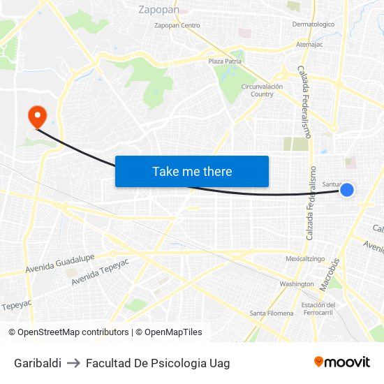 Garibaldi to Facultad De Psicologia Uag map