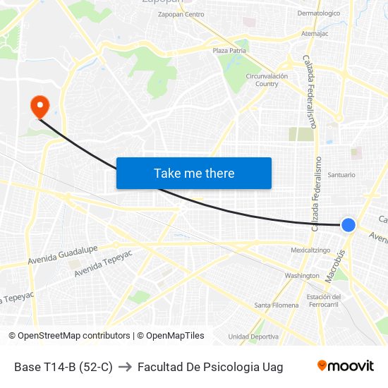 Base T14-B (52-C) to Facultad De Psicologia Uag map