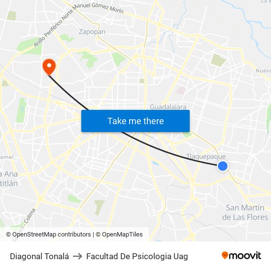 Diagonal Tonalá to Facultad De Psicologia Uag map