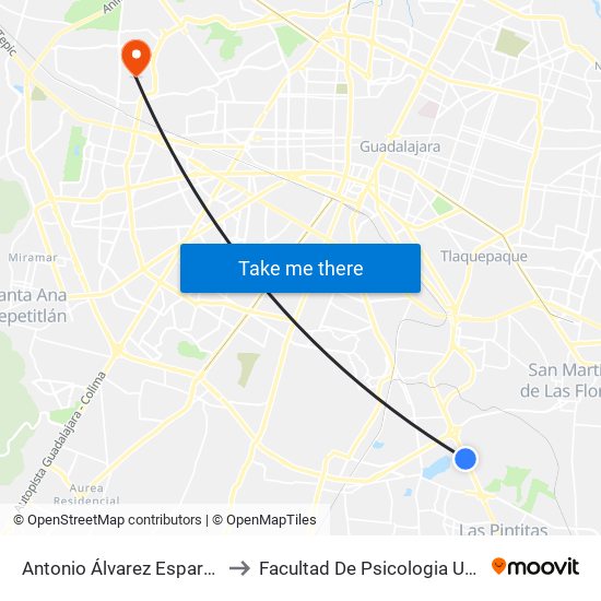 Antonio Álvarez Esparza to Facultad De Psicologia Uag map