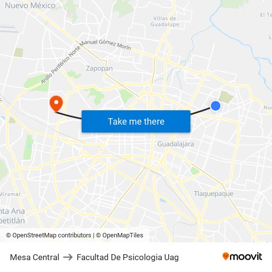 Mesa Central to Facultad De Psicologia Uag map