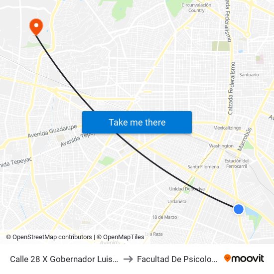 Calle 28 X Gobernador Luis G. Curiel to Facultad De Psicologia Uag map
