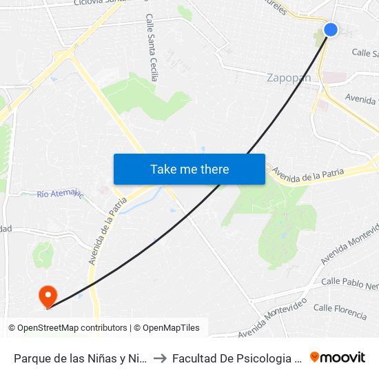 Parque de las Niñas y Niños to Facultad De Psicologia Uag map