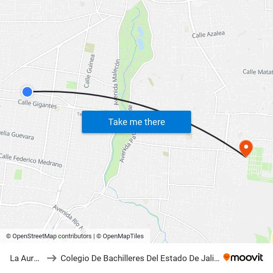 La Aurora to Colegio De Bachilleres Del Estado De Jalisco 1 map