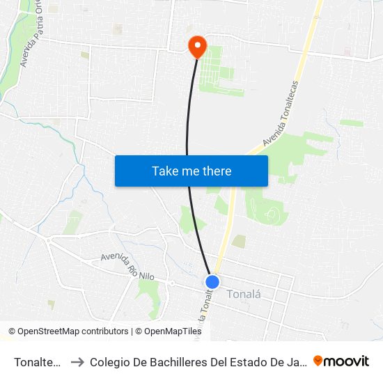 Tonaltecas to Colegio De Bachilleres Del Estado De Jalisco 1 map