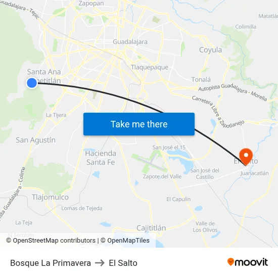 Bosque La Primavera to El Salto map