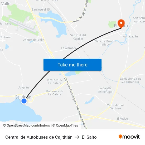 Central de Autobuses de Cajititlán to El Salto map
