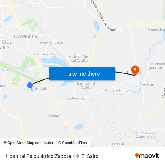 Hospital Psiquiátrico Zapote to El Salto map