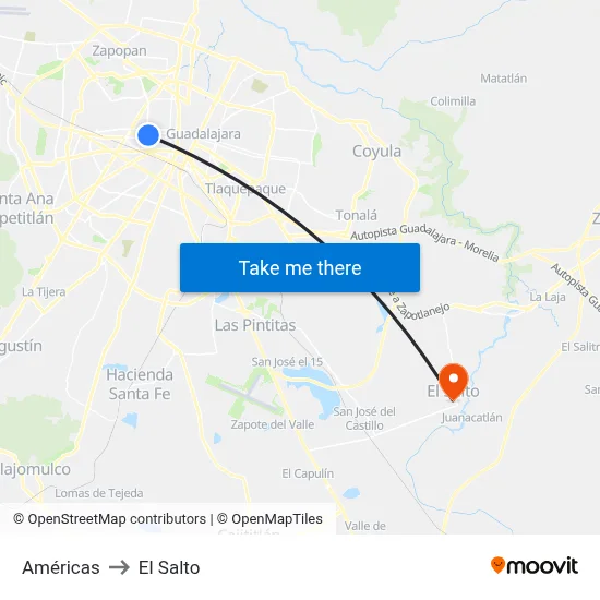 Américas to El Salto map