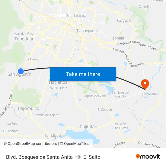Blvd. Bosques de Santa Anita to El Salto map