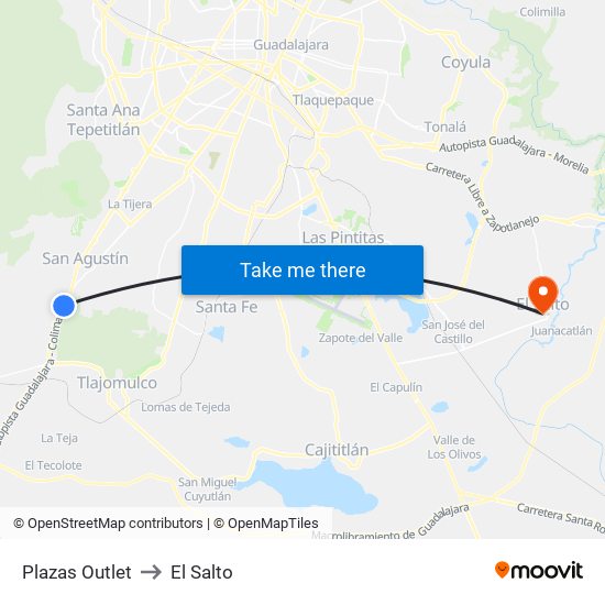 Plazas Outlet to El Salto map