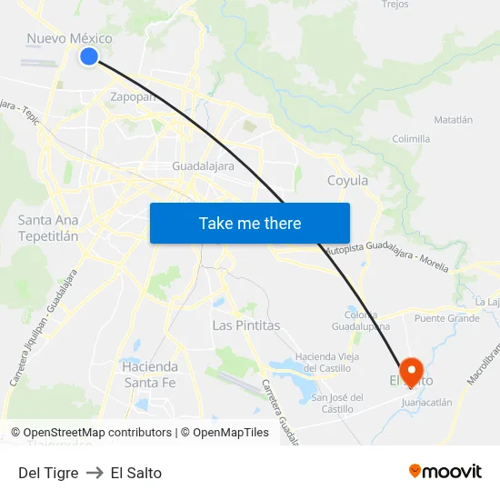 Del Tigre to El Salto map