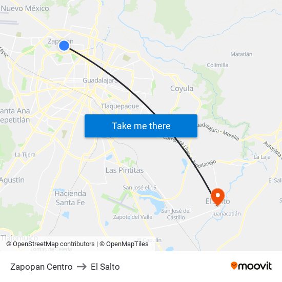 Zapopan Centro to El Salto map