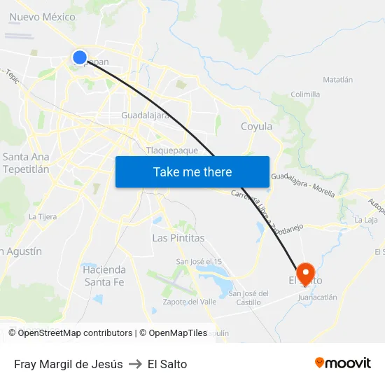 Fray Margil de Jesús to El Salto map