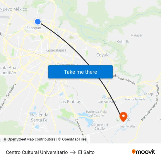 Centro Cultural Universitario to El Salto map