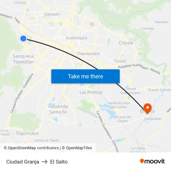 Ciudad Granja to El Salto map