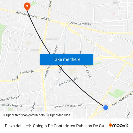 Plaza del Sol to Colegio De Contadores Publicos De Guadalajara map