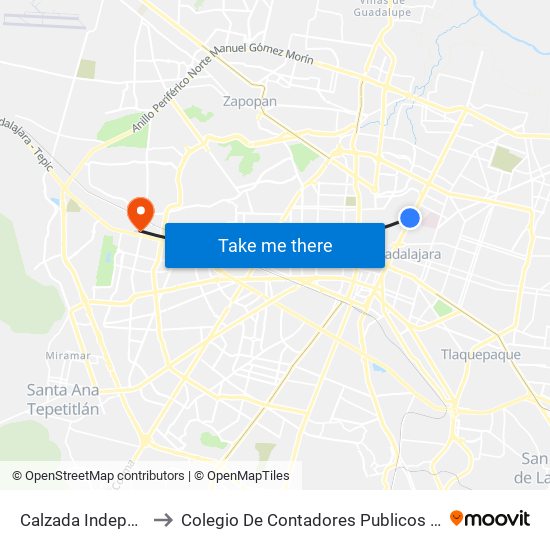 Calzada Independencia to Colegio De Contadores Publicos De Guadalajara map