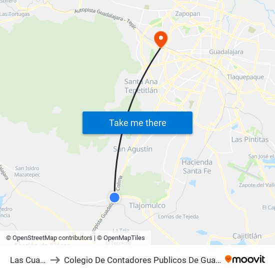 Las Cuatas to Colegio De Contadores Publicos De Guadalajara map