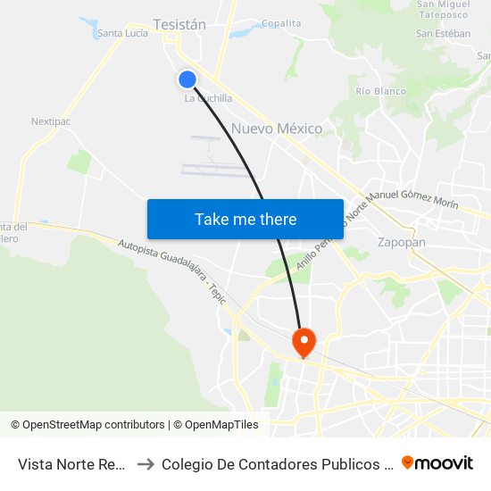 Vista Norte Residencial to Colegio De Contadores Publicos De Guadalajara map