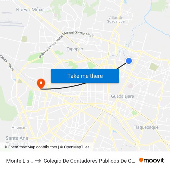Monte Lisboa to Colegio De Contadores Publicos De Guadalajara map