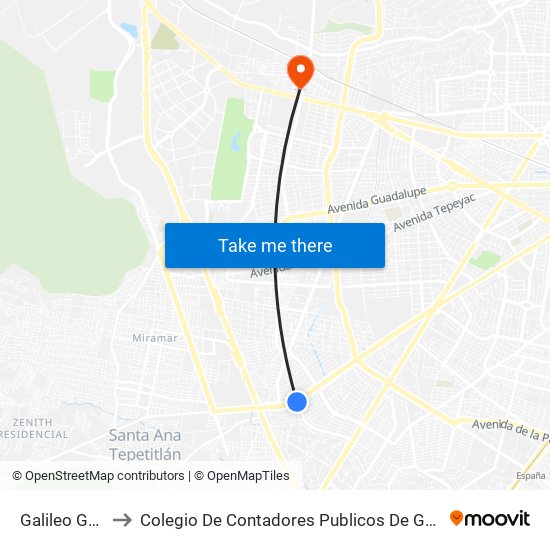 Galileo Galilei to Colegio De Contadores Publicos De Guadalajara map