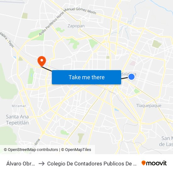 Álvaro Obregón to Colegio De Contadores Publicos De Guadalajara map