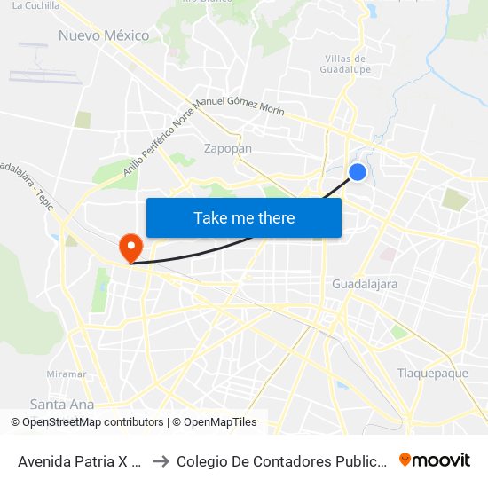 Avenida Patria X Experiencia to Colegio De Contadores Publicos De Guadalajara map