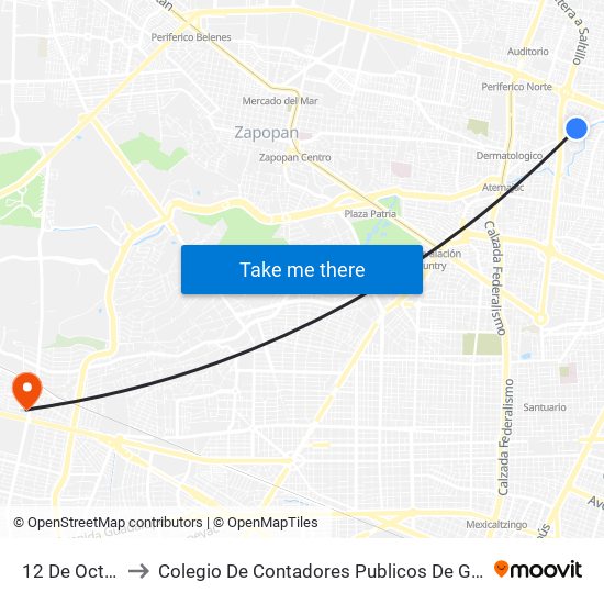 12 De Octubre to Colegio De Contadores Publicos De Guadalajara map