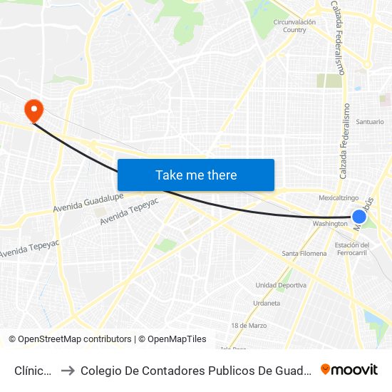 Clínica 1 to Colegio De Contadores Publicos De Guadalajara map