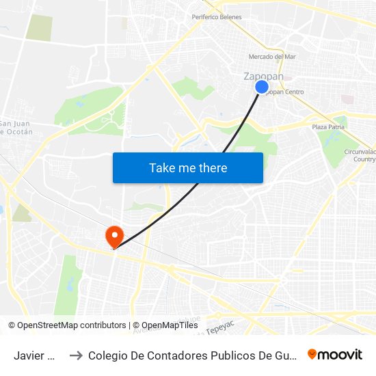 Javier Mina to Colegio De Contadores Publicos De Guadalajara map