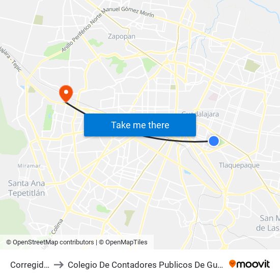 Corregidora to Colegio De Contadores Publicos De Guadalajara map