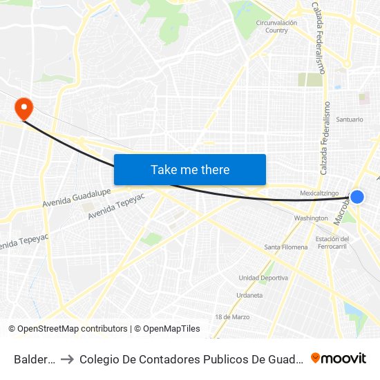 Balderas to Colegio De Contadores Publicos De Guadalajara map