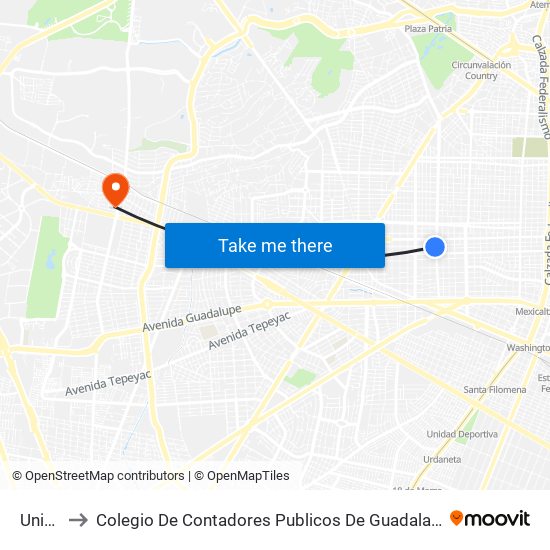 Unión to Colegio De Contadores Publicos De Guadalajara map