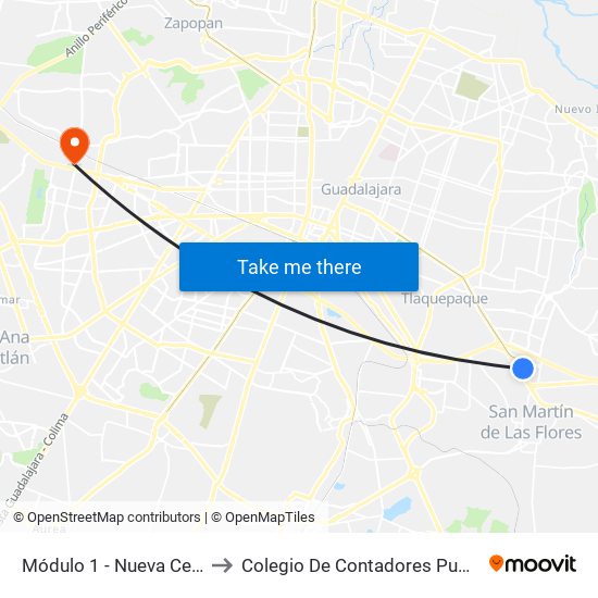 Módulo 1 - Nueva Central Camionera to Colegio De Contadores Publicos De Guadalajara map