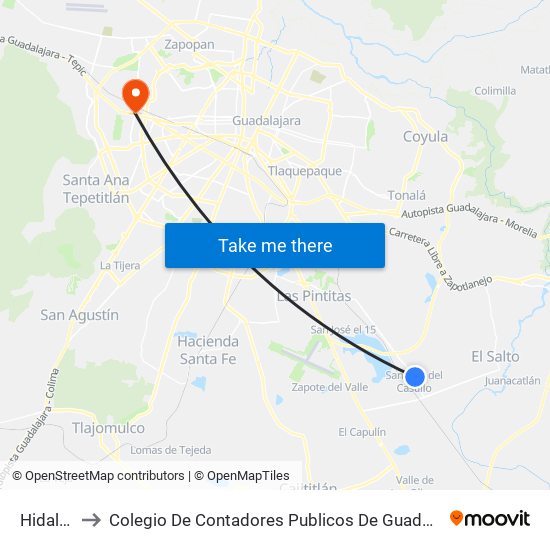 Hidalgo to Colegio De Contadores Publicos De Guadalajara map