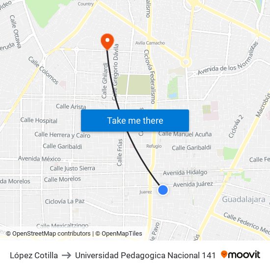 López Cotilla to Universidad Pedagogica Nacional 141 map