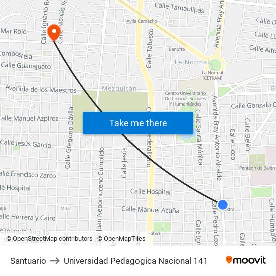 Santuario to Universidad Pedagogica Nacional 141 map