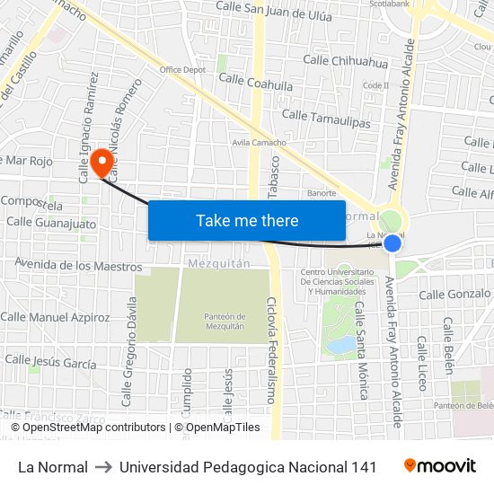 La Normal to Universidad Pedagogica Nacional 141 map